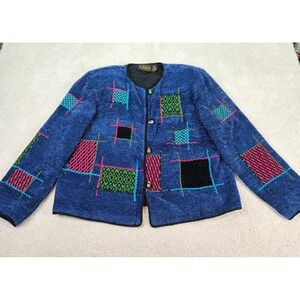 Abstract Patchwork Jacket Blue Chenille Multi Color Glass Button Front Womens PL